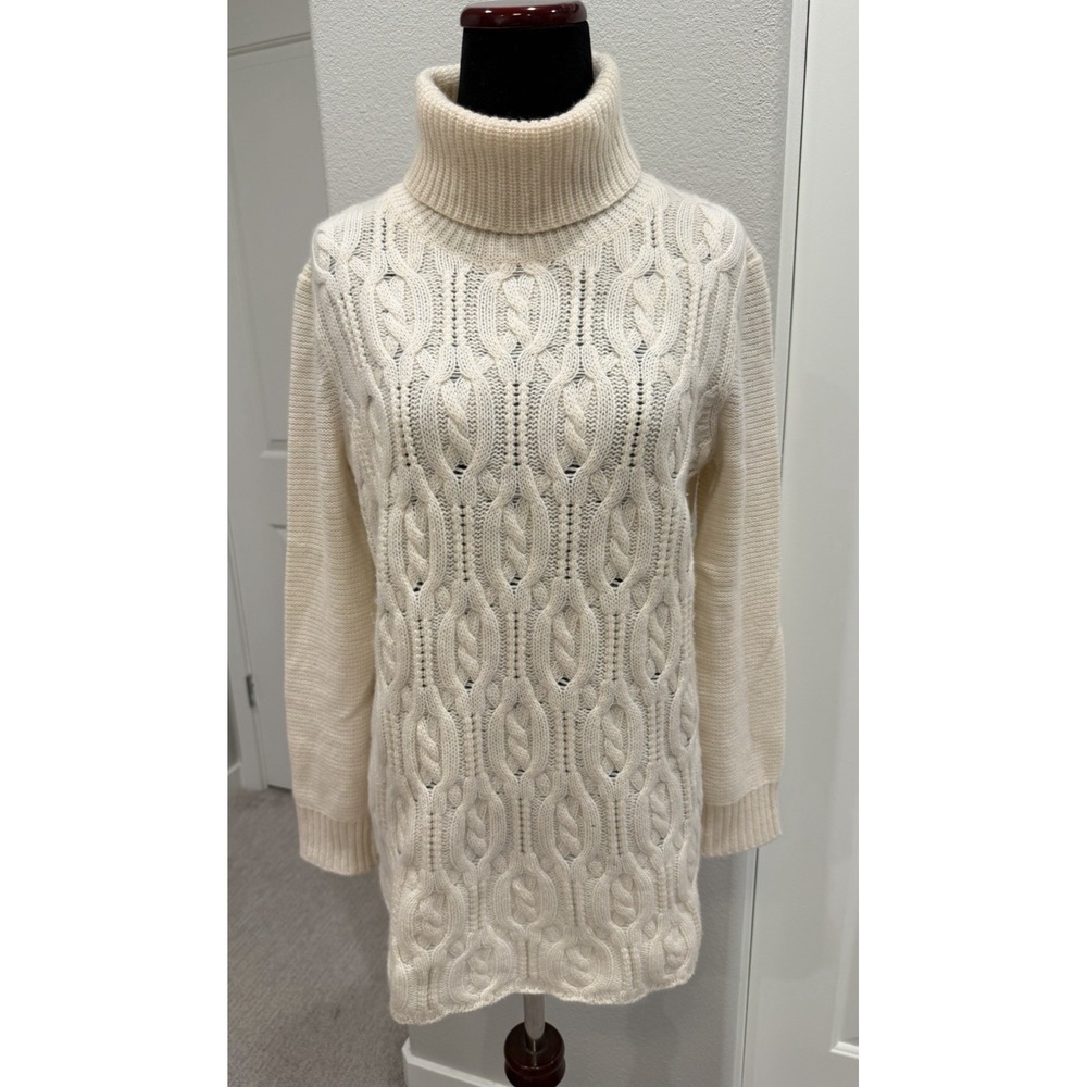 Quinn 100% Cable Knit Tunic Length Turtleneck Cashmere Sweater S Ivory